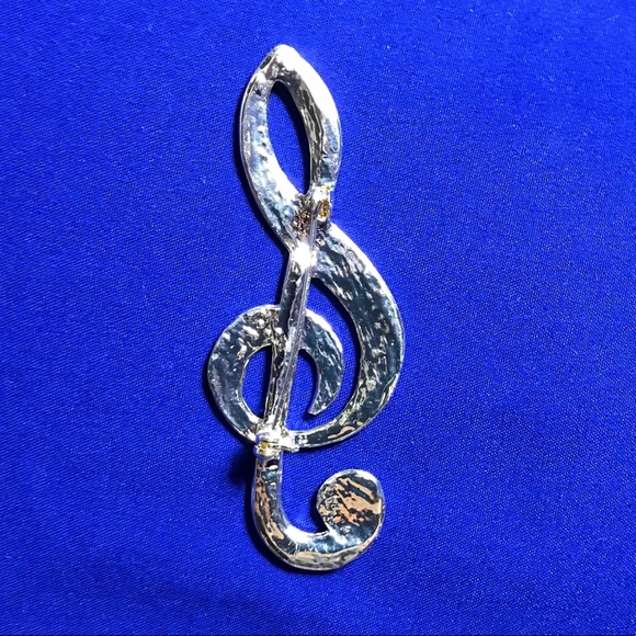 Treble Clef Silver Rhinestone Brooch Pin - Picture 3 of 4